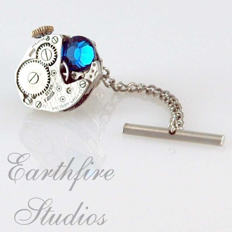 Steampunk Tie Tack and Chain - Vintage Jeweled Waltham Watch Tie Tack - Torch Soldered by Earthfire Studios