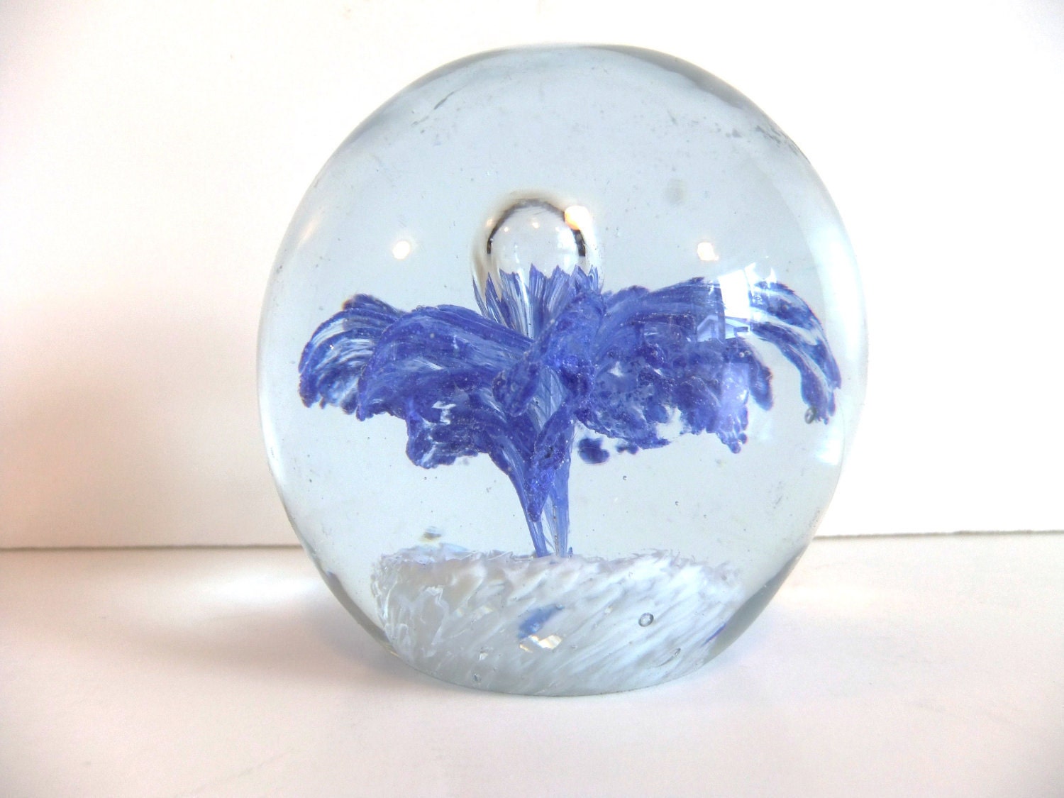 Vintage Glass Ball Paperweight with Blue Flower by NimblesNook