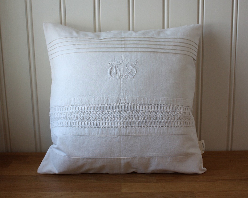 white on white -pillow cover with vintage lace and initials TS