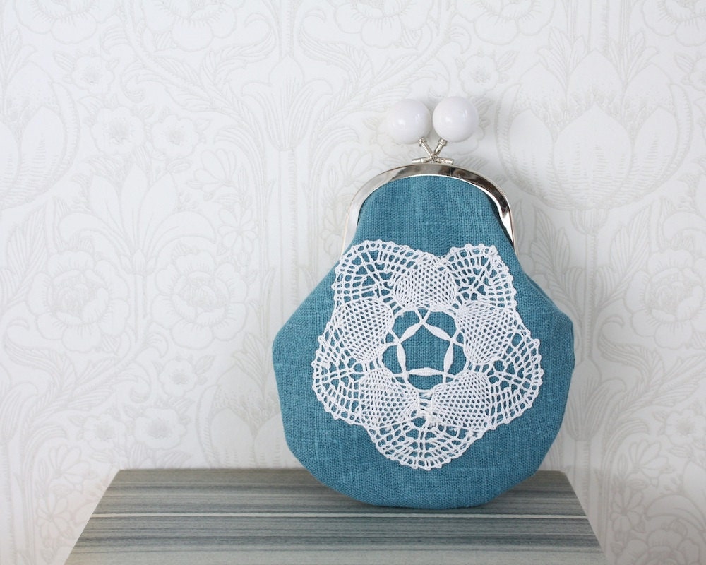 coin purse with vintage crocheted lace, turquoise