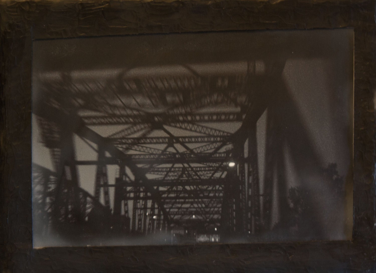 Encaustic Black and White Bridge Photograph 5x7 I-5 North to Washington from Oregon