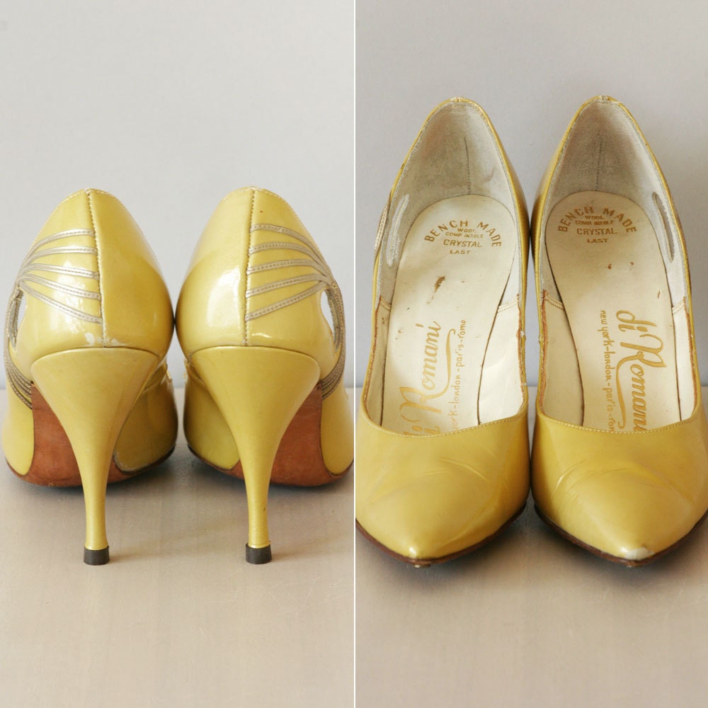 1950's heels / vintage late 50's patent heels / Maize Shimmer