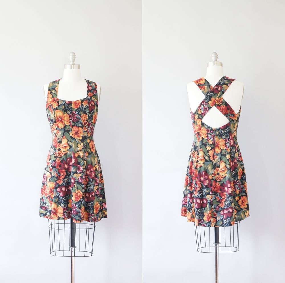 vintage floral print mini dress / cross back sundress / Tropical Garden
