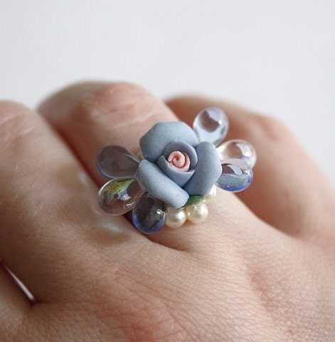 Flower Bouquet Beaded Baroque Adjustable Ring - Blue Porcelain Rose - Art Nouveau Inspired