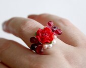 Flower Bouquet Beaded Baroque Adjustable Ring - Red Passion Rose - Art Nouveau Inspired