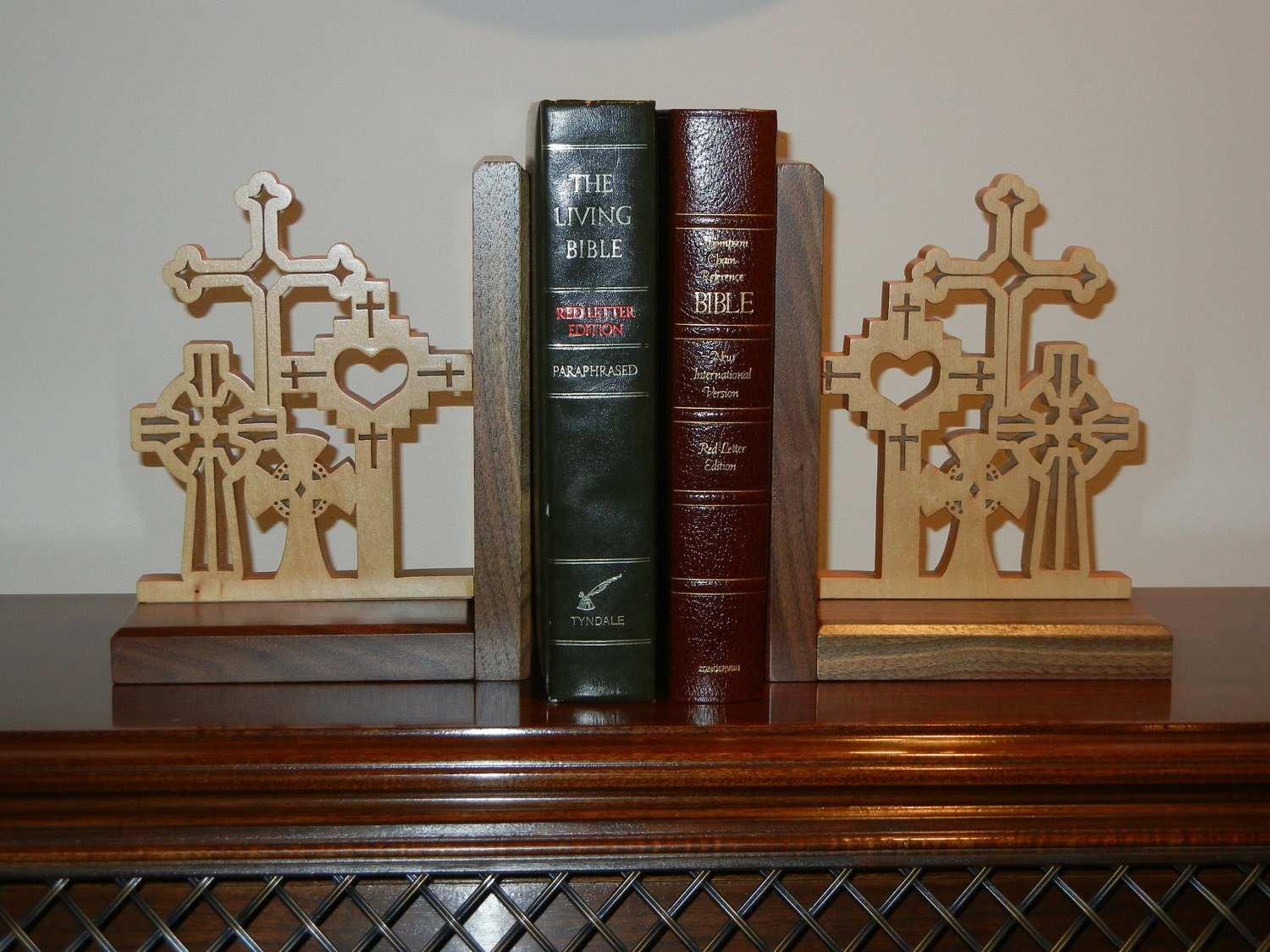 Walnut and Maple Bookends Fretwork Biblical Crosses Handmade Wood