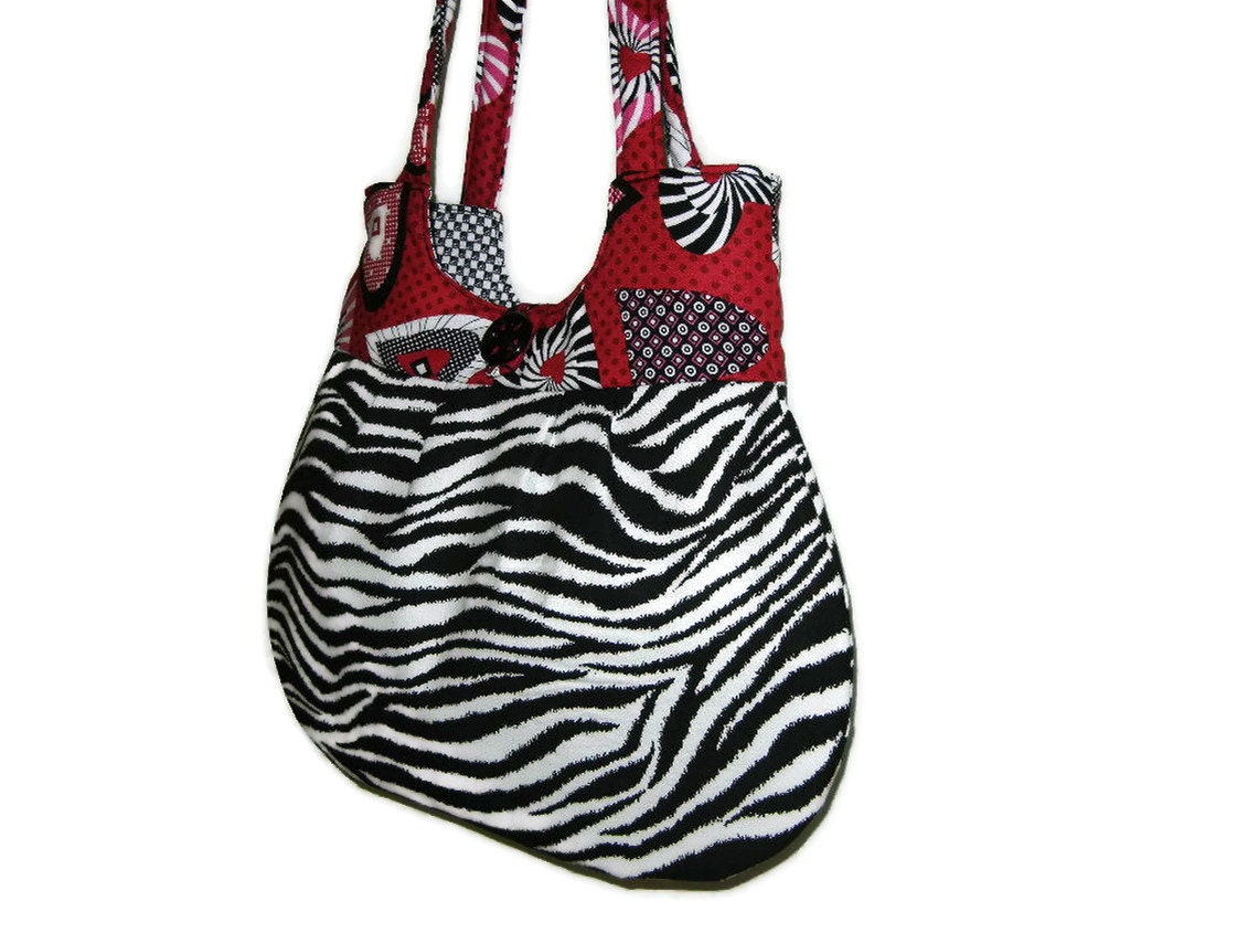 Zebra Stripe Print Autumn Fall Everyday Bag Black and White with Red Pink Hearts Classy Curvy Tote Purse