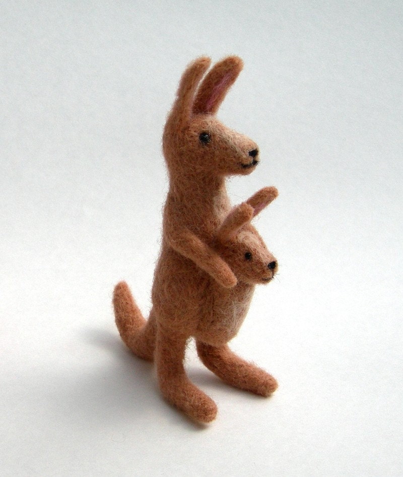 Needle Felted Mom and Baby Kangaroo OOAK Wool Pet Collectible
