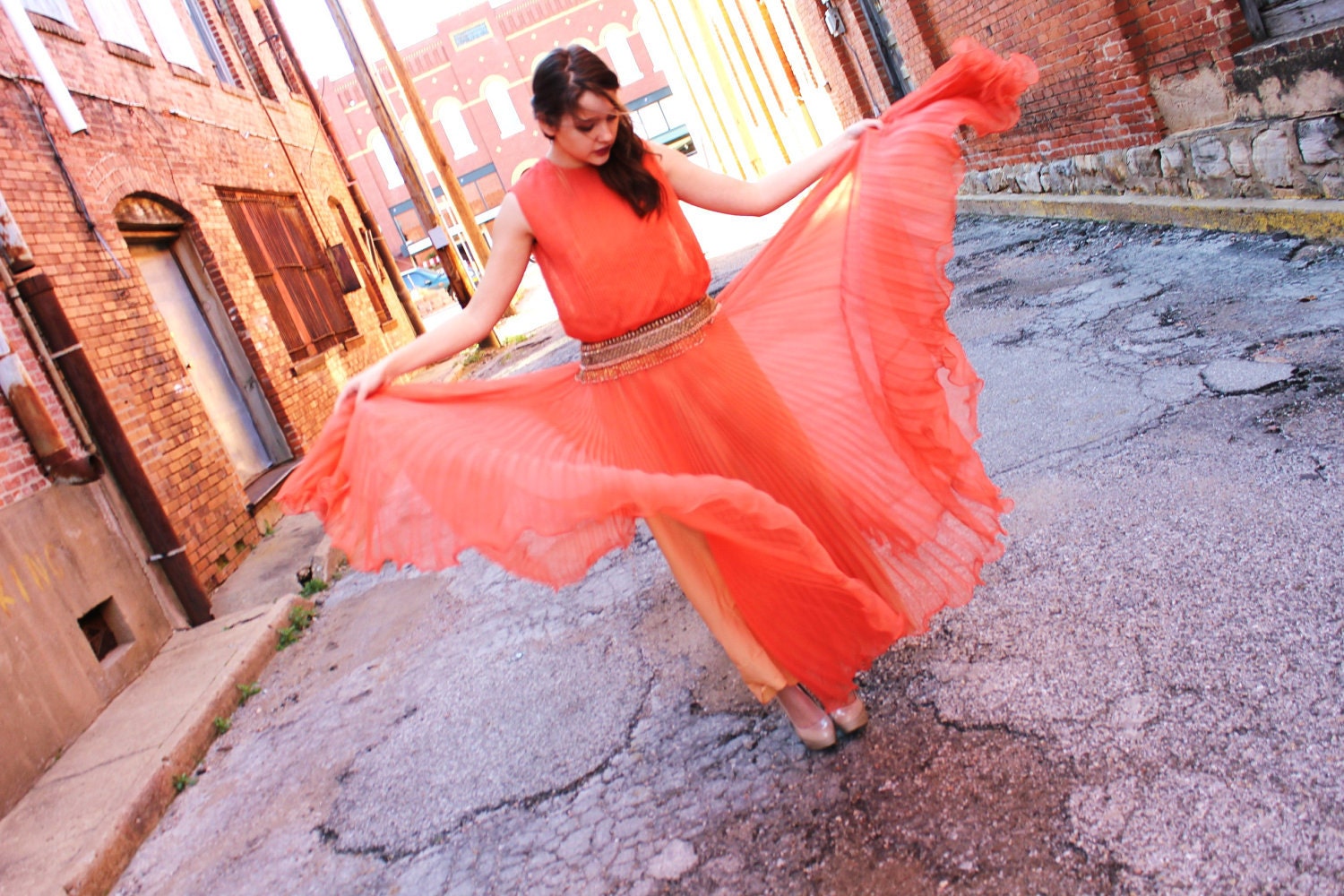 Stunning Vintage Coral accordian beaded chiffon Ethereal maxi Dress M