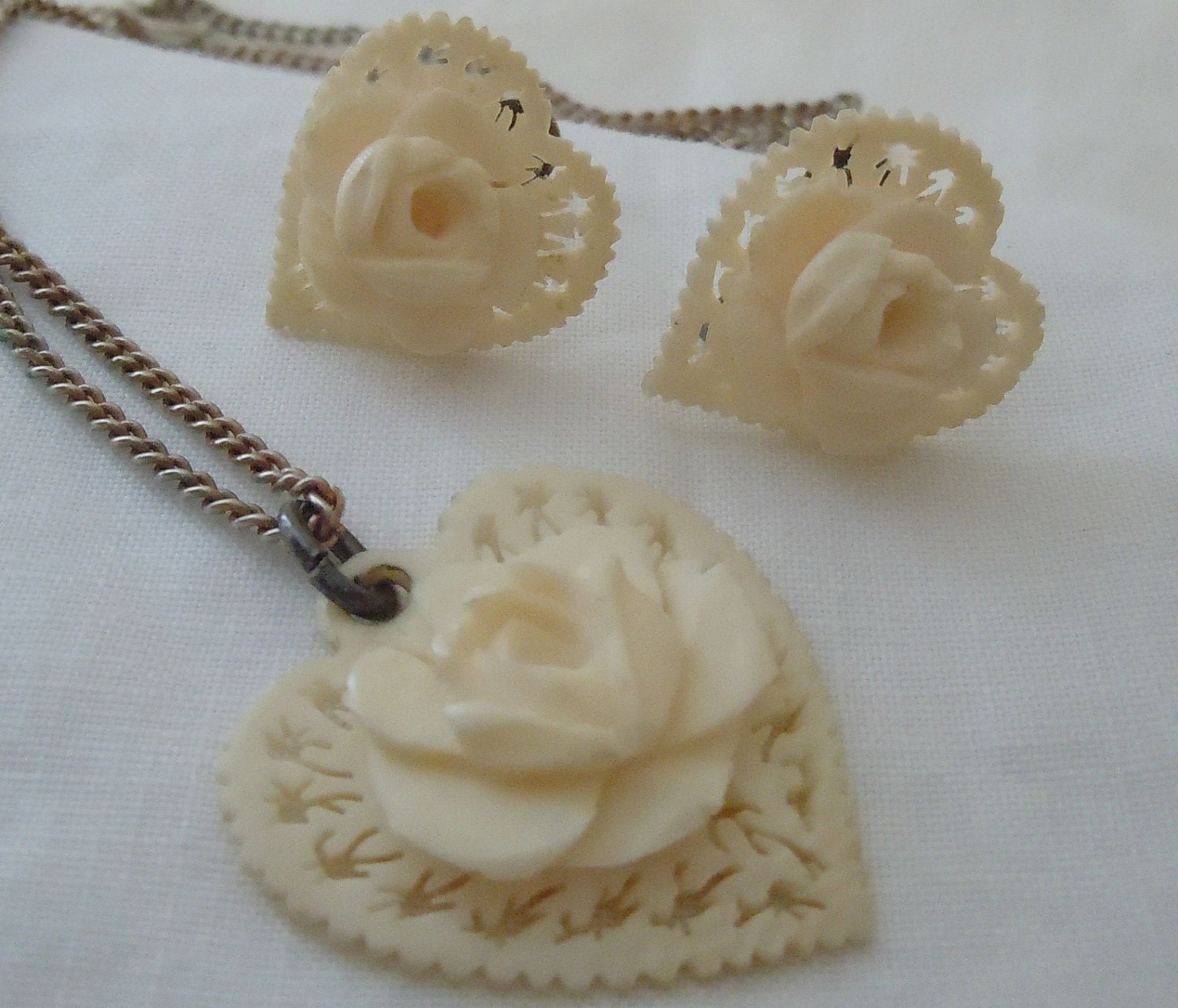 Vintage Ivory Celluloid Carved ROSE HEART Pendant Necklace and Earrings - FREE Shipping