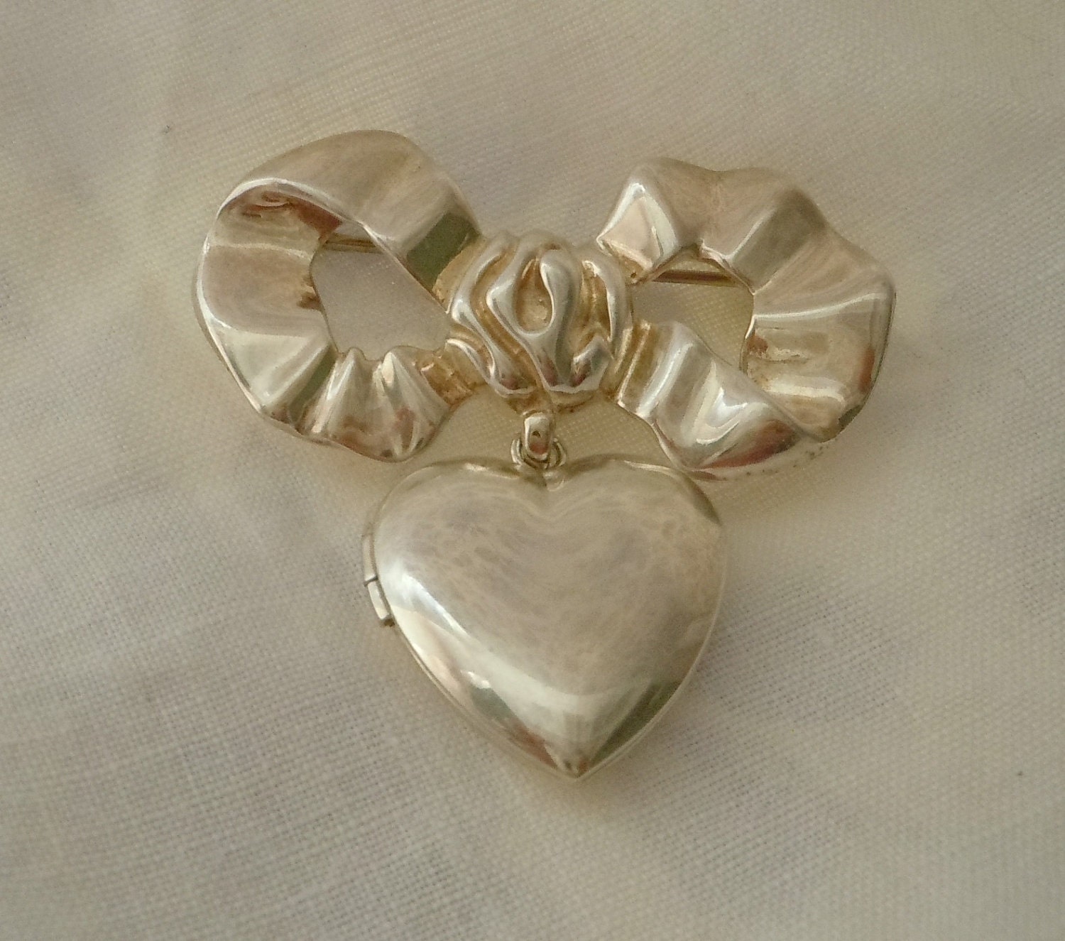 1920's STERLING Silver Heart LOCKET and Bow Pin Brooch IC Sterling Bow Pin B.A.B. Sterling Heart Locket Free Shipping