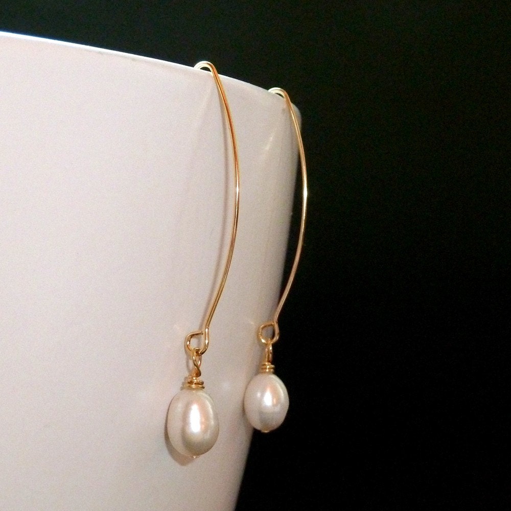 Long Gold wire / hook and White fresh water pearl earrings
