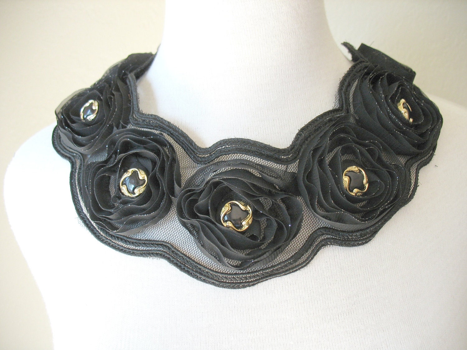 Black Chiffon Rosette Collar Two Way Necklace by MaggieGlynn