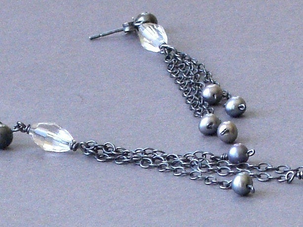 Oxidized Sterling Silver and Freshwater Pearl Dangle Earrings - Smoke Get's In Your Eyes