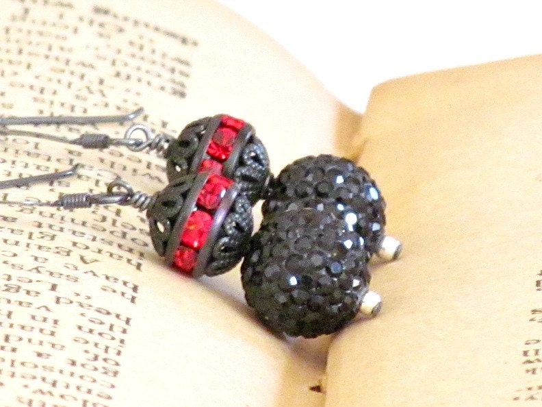 40% Off Sale - Black Swarovski Crystal Pave Beaded Earrings with Red Czech Glass Gunmetal Beads and Oxidized Sterling Silver - Black Widow