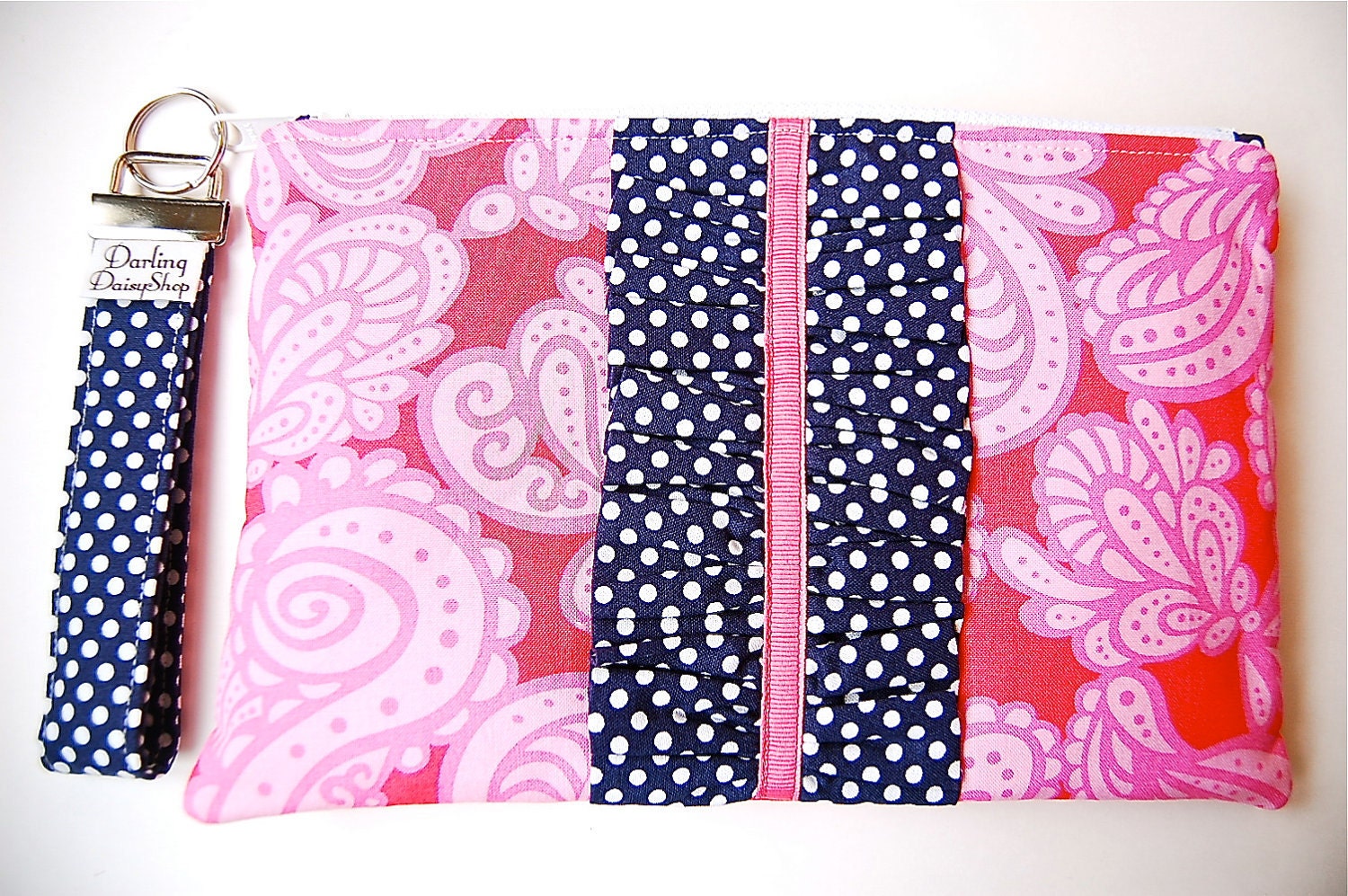 Handmade Simply Ruffled Wristlet - Very Pink Paisley with Navy Polka Dot Ruffle