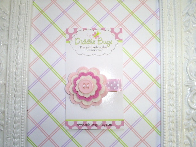 Adorable Pink and Ivory Layered Felt Flower With Button Center Hair Clip