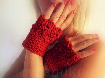 Hand Knit Fingerless Red Gloves