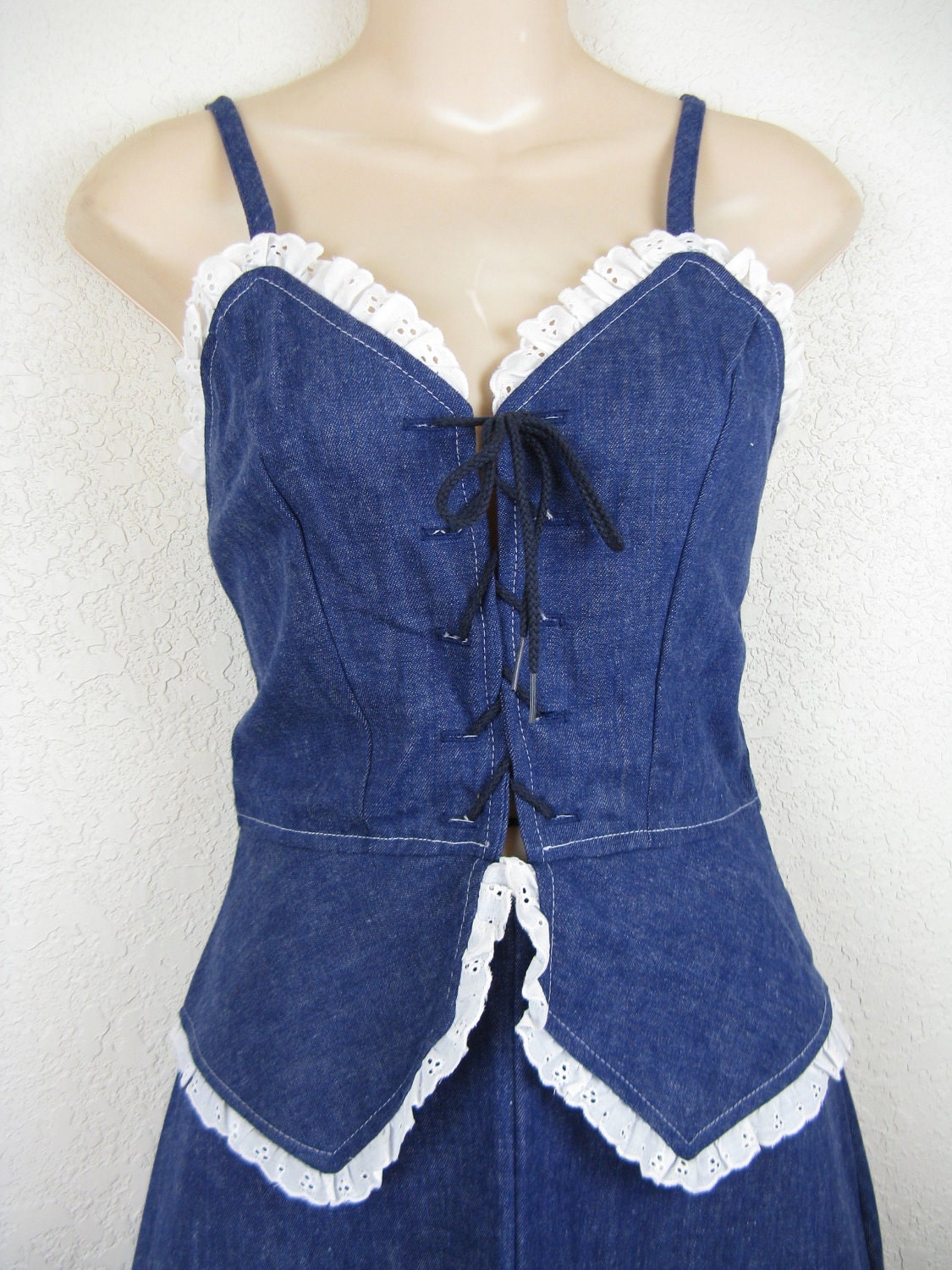 denim corset dress. 1970's blue jean and eyelet by cricketcapers