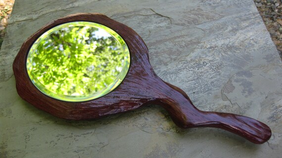 Hand Mirror Rustic Sculpted Purpleheart Wood One of a Kind  FREE Shipping