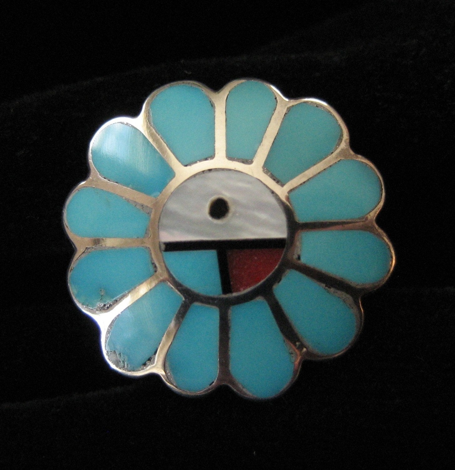 Vintage Sterling Zuni Sun Face Ring, Turquoise Inlay, Size 8