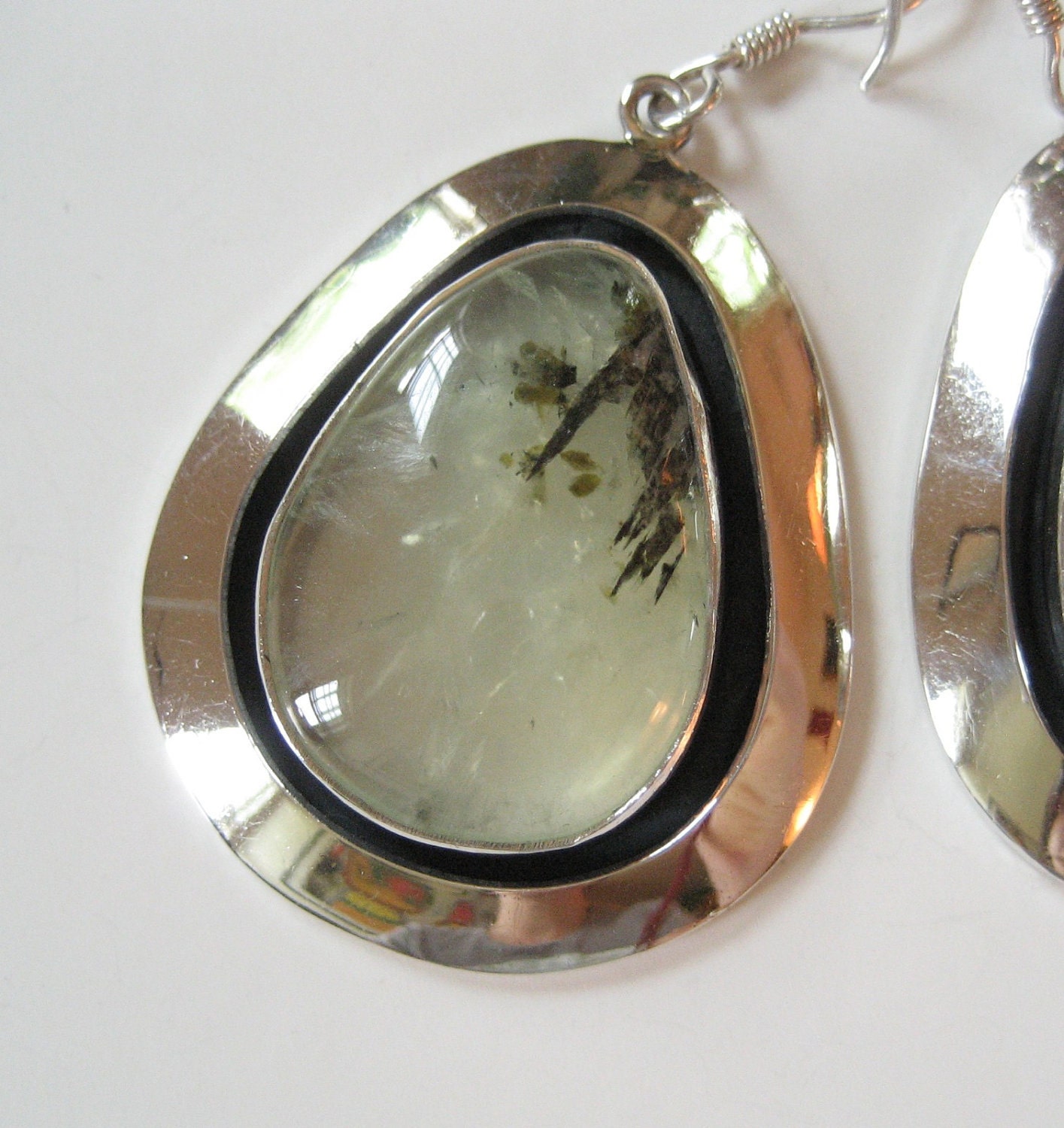 Sterling Moss Agate Earrings, Signed OSCAR'S, Large