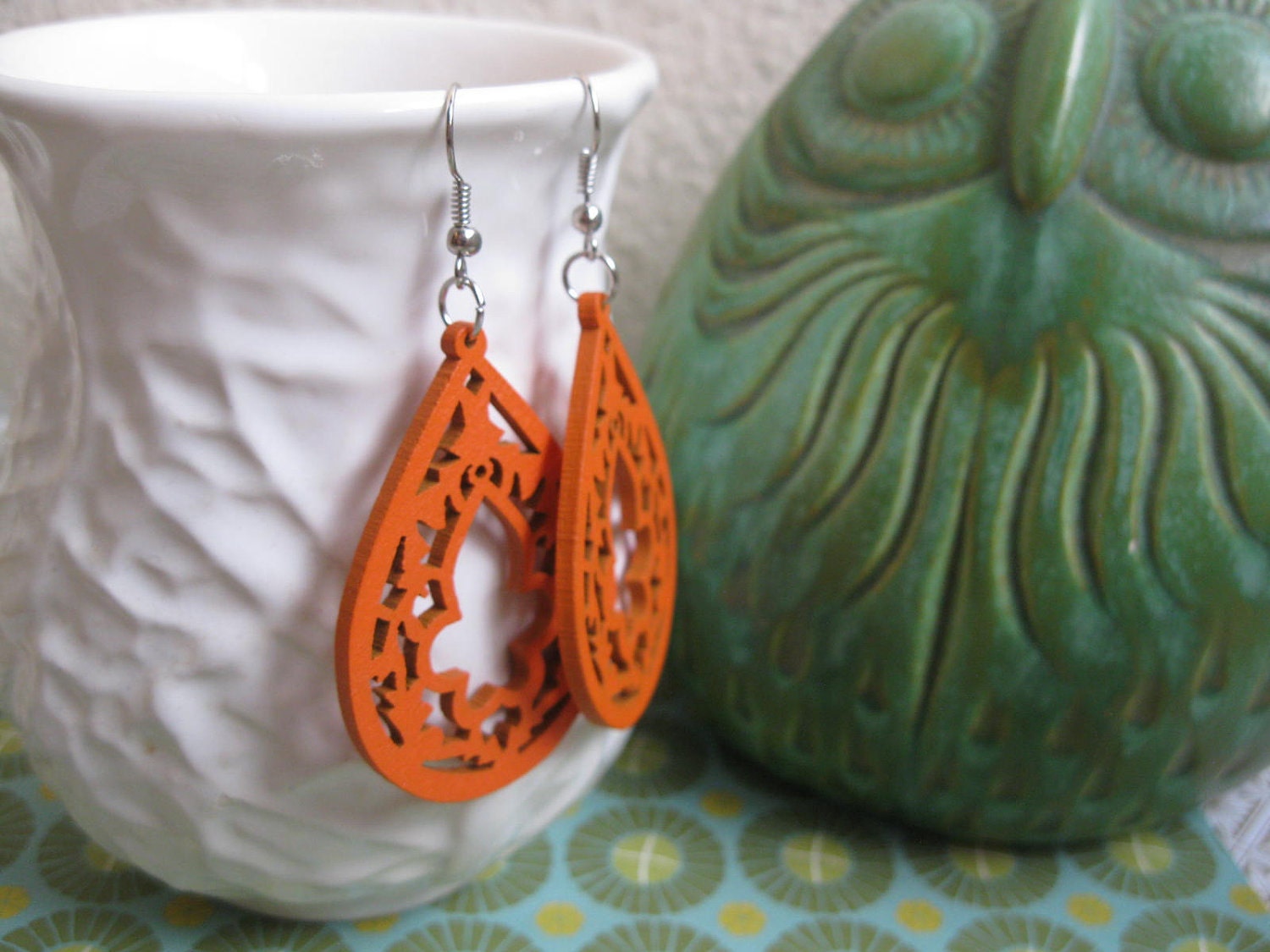 Orange Pierced Teardrop Woodgrain Earrings