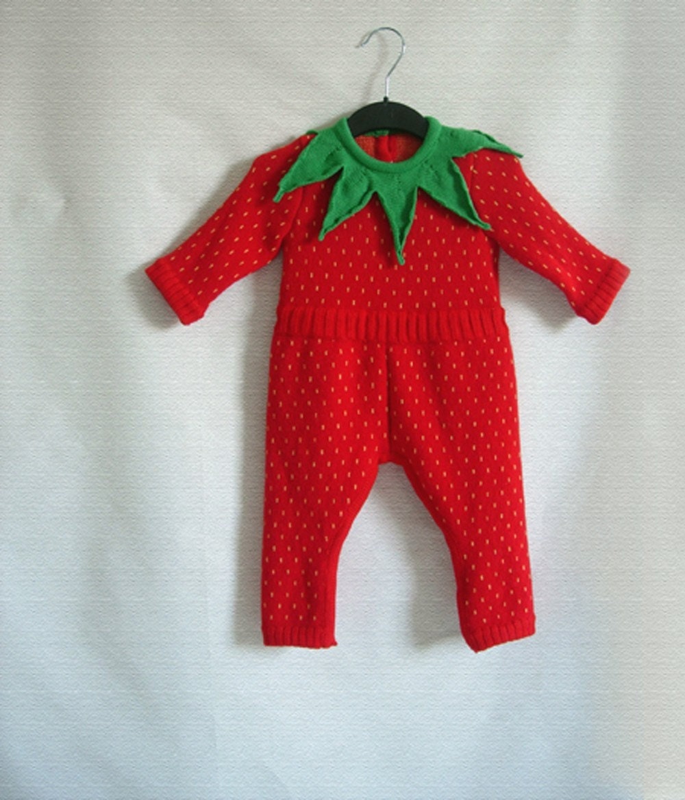 Handmade Knitted Strawberry Babygrow - Baby Gift, Lambswool