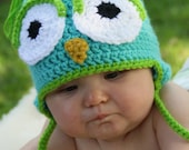 3-6 Months Crochet Owl Earflap Hat Other sizes Newborn, 6-12m, 1-2 todler, 2t and up, and Adult, Great for a Halloween costume