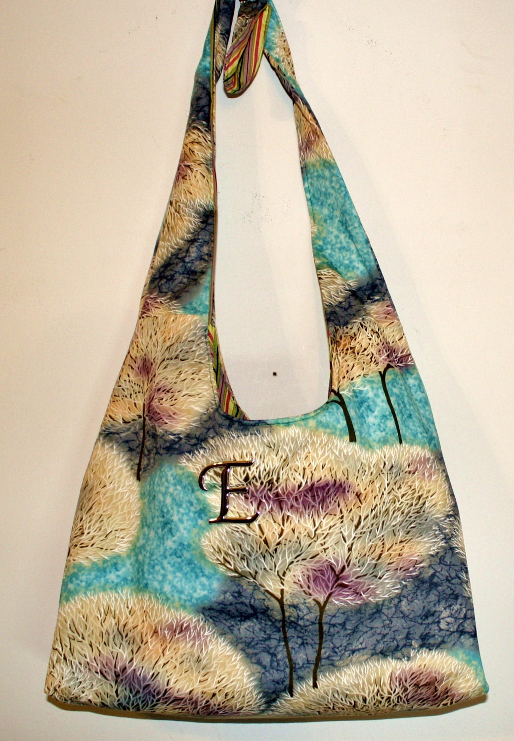 Beauitful Hand Crafted Teal Blue and Green Earth Colors with Trees- Messenger Crossbody bag with matching make up bag..