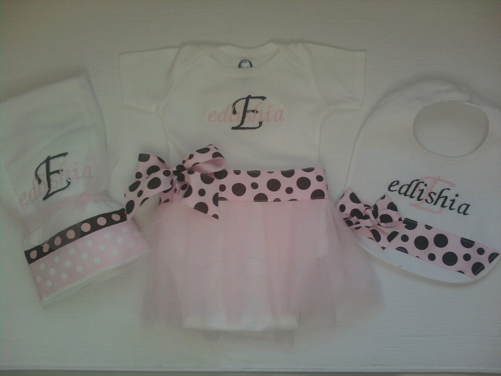 Tutu Onesie Dress, Bib and Burp Cloth Set \/ Monogrammed Baby Girl Gifts