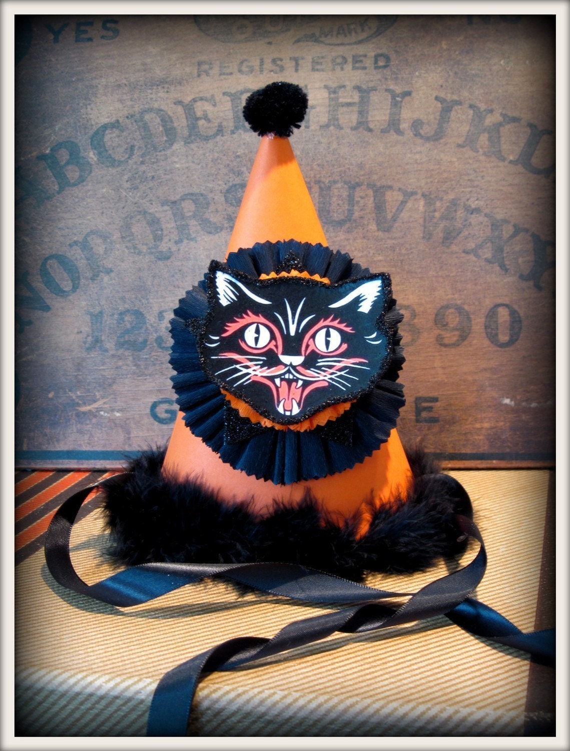 vintage inspired handmade halloween black cat party hat