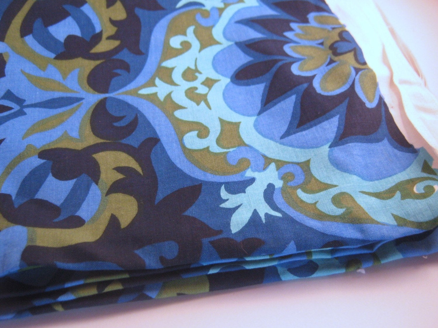 Vintage Fabric Blue Navy Olive Green Aqua Damask Cotton Decorator