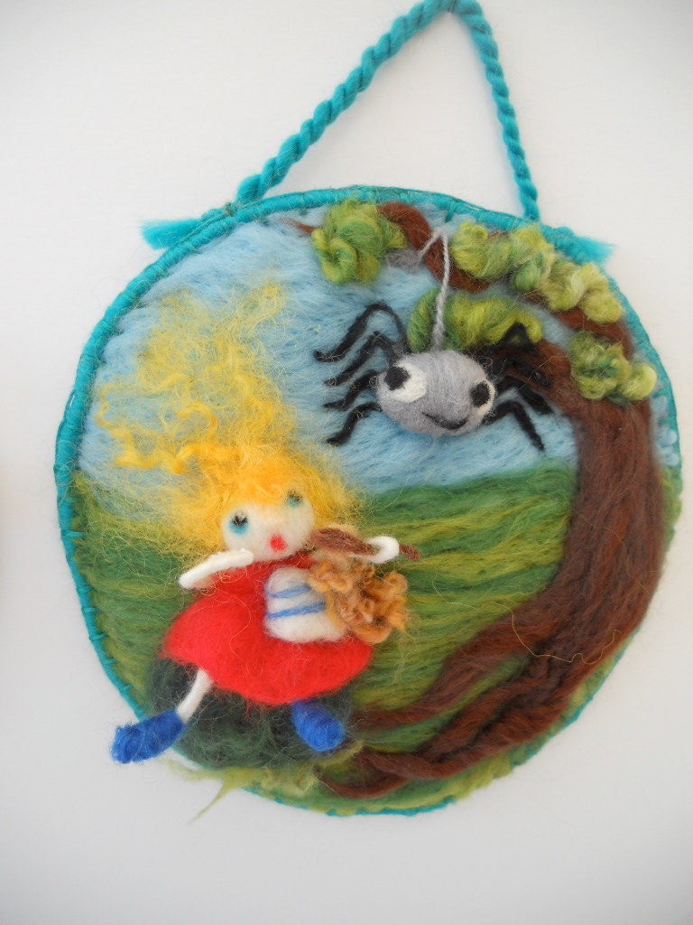Little Miss Muffet sat on a Tuffet. A 3D Needle Felted Nursery Rhyme Picture. FREE Worldwide Shipping