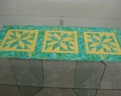 Quilted Table Runner  Aquamarine and yellow 18" x 47"