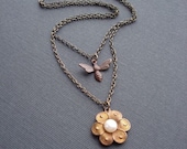 Bee and Flower Necklace, Multi Strand, Double Strand Necklace, Antique Brass, Chocolate Brown, White