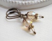Crystal Dangle Earrings In Antiqued Brass. Aurora Borealis Drop Earrings, Chocolate Brown, Vintage Style Earrings