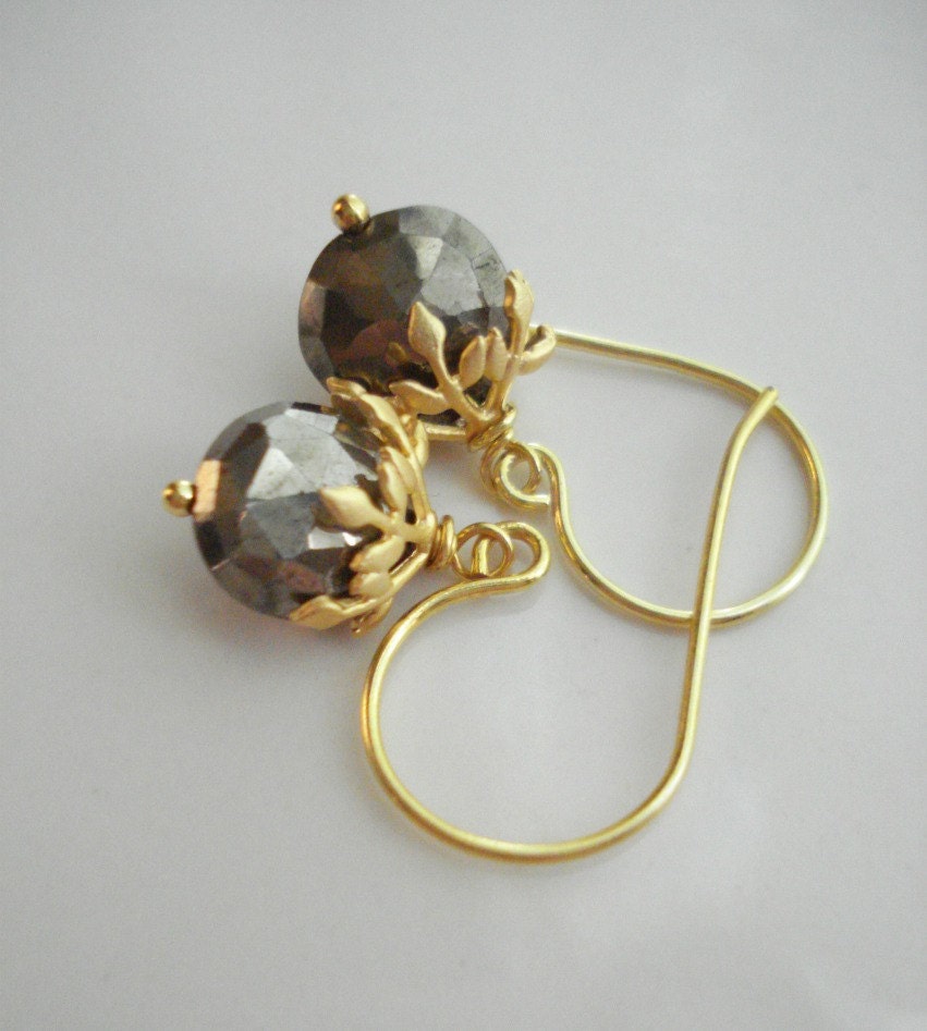 Natural Pyrite Stone Gold Earrings, Beige, Gray, Drop Gold Earrings, Gift For her Under 50