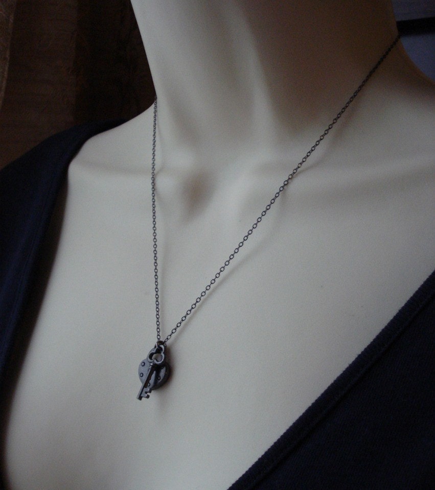 Lock and Key Charms Necklace, Key To My Heart, Black, Gift For Her Under 25, Valentine Day