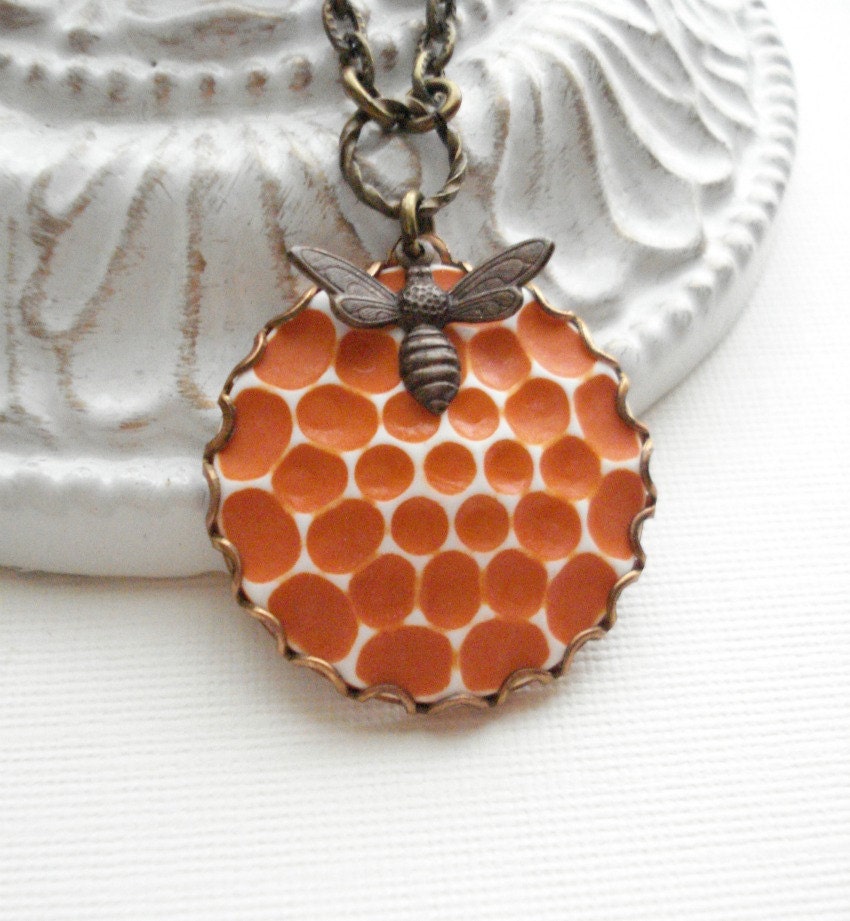 Honeycomb Necklace, Bee Necklace, Honey Pendant, Mother's Day, Orange, Tangerine, Vintage Style, Polka Dots