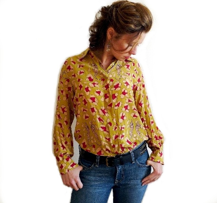 Vintage 80s Silk Blouse Leopard Printed Button Down by PIANO Medium