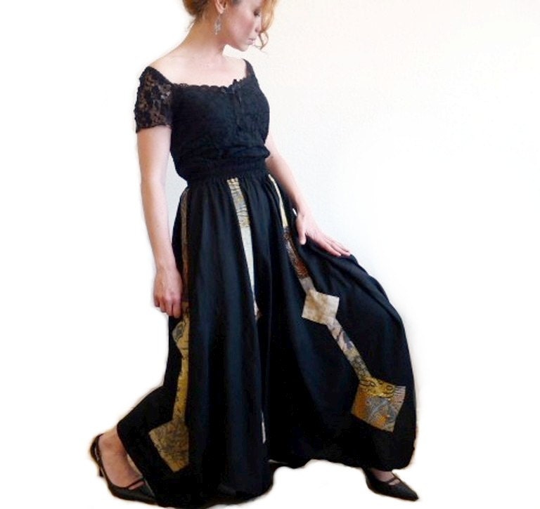Vintage 1960s Skirt Tribal Patchwork Black Maxi Native-American Designer-Couture Cotton Circle Skirt