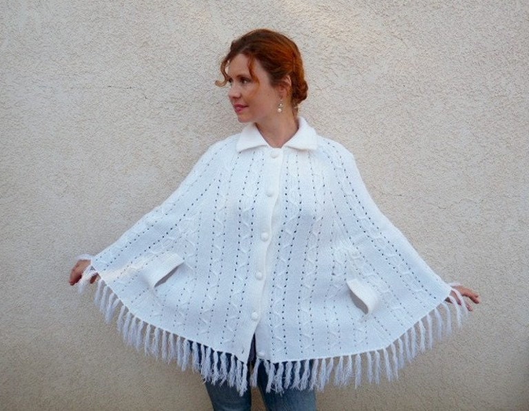 SALE Vintage 60s Cable Knit White Poncho Cape Coat