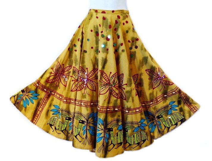 Vintage Cotton Circle Skirt Floral Print Beaded Sequins Summer Fashion