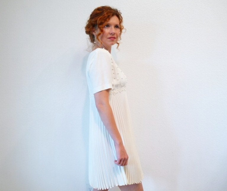 SALE Vintage Mini Dress White Pearls Accordion Pleats WILD ROSE Wedding Formal Cocktail Party Gown