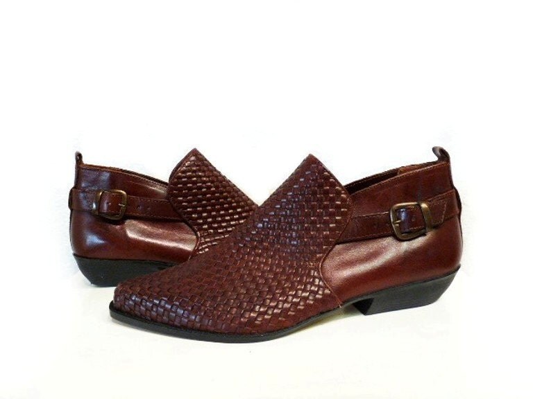 Vintage Woven Brown Leather Buckle Ankle Boots WHITE STAG Made in Brazil Women 7.5