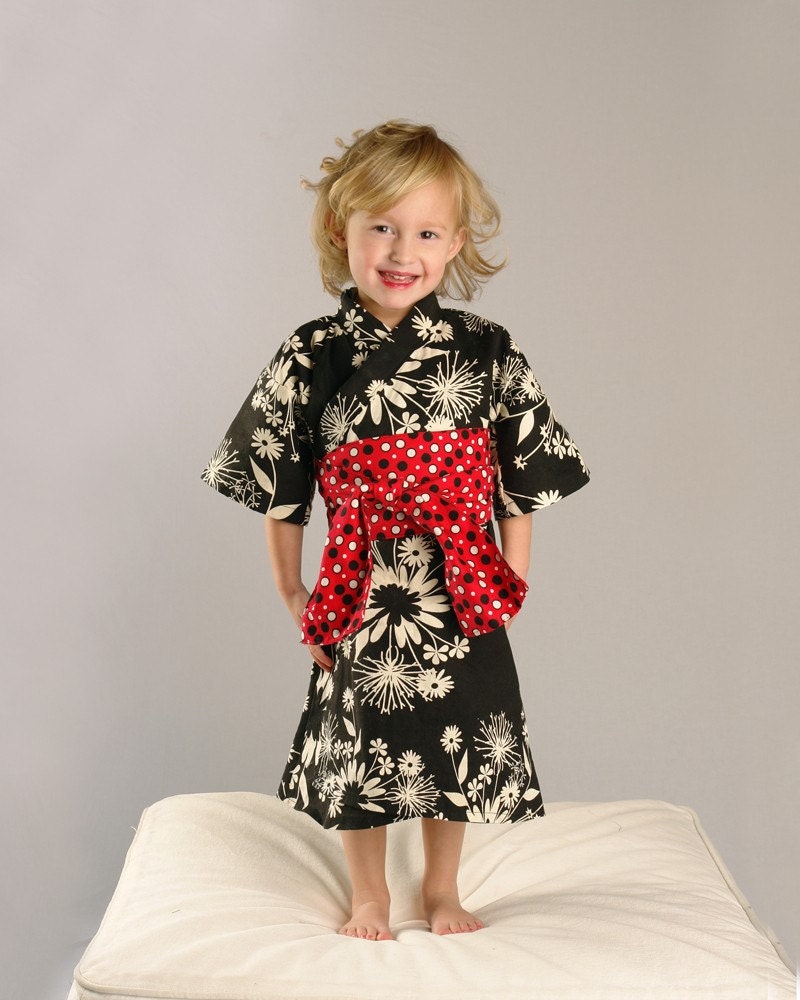 KIMONO DRESS - Black Floral Red Obi - sizes 0 through 4T - girls kimono dress