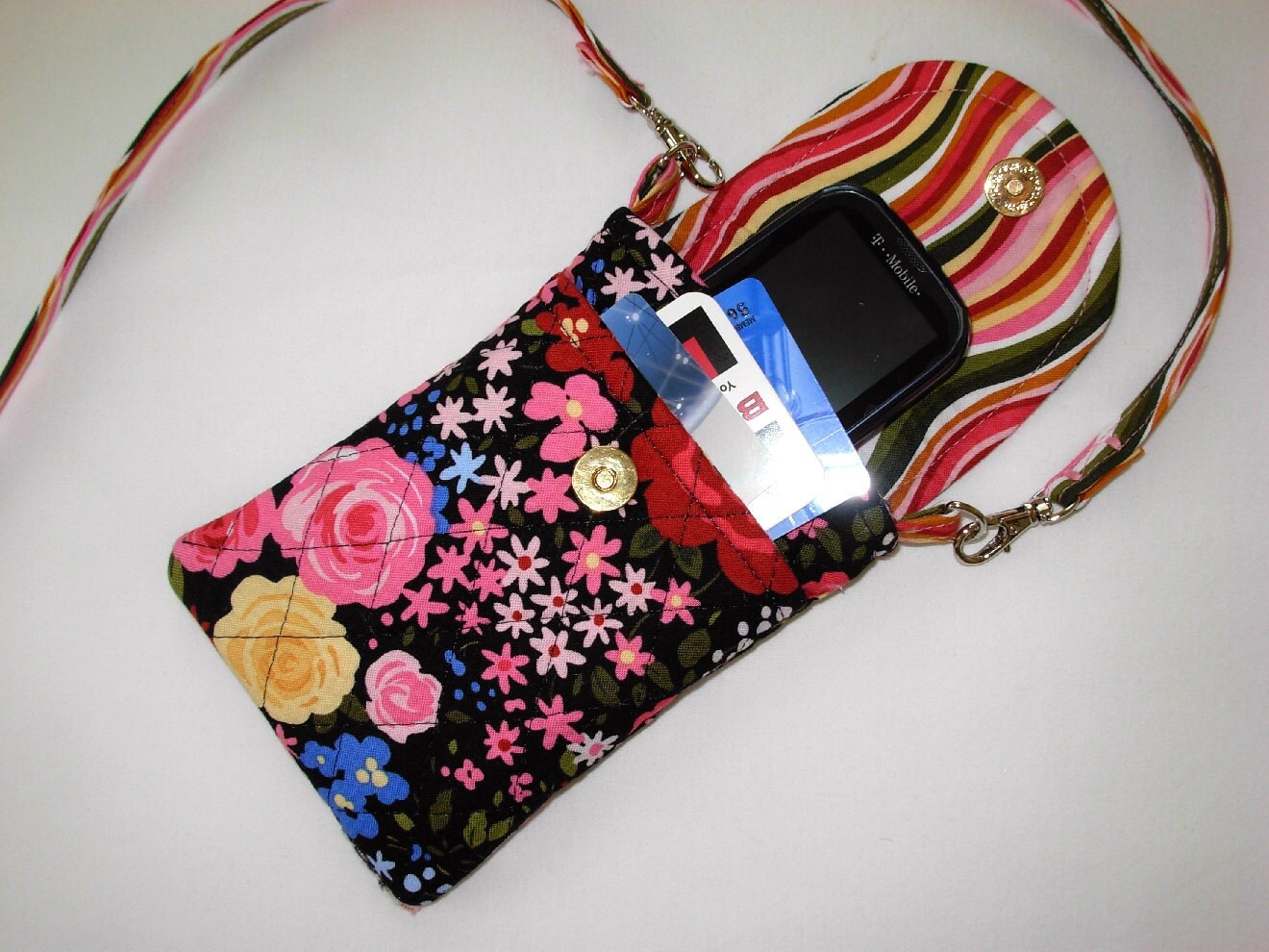 Cell Phone Case Detachable Neck Strap Quilted Rose Floral Pink Black