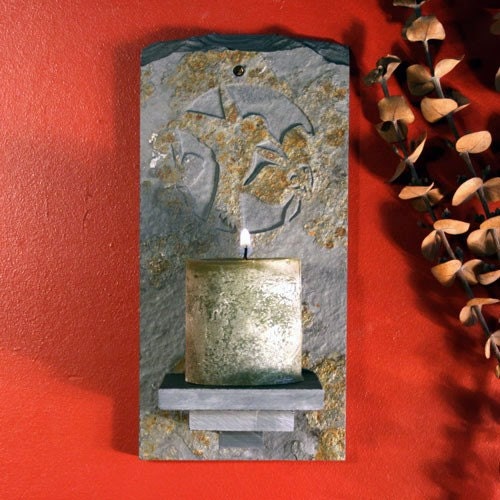 Natural Slate Wall Candle Sconce - Hummingbird on Copper Stone
