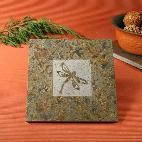Slate Trivet \/ Hot Plate - Dragonfly Sandcarved on Copper Slate